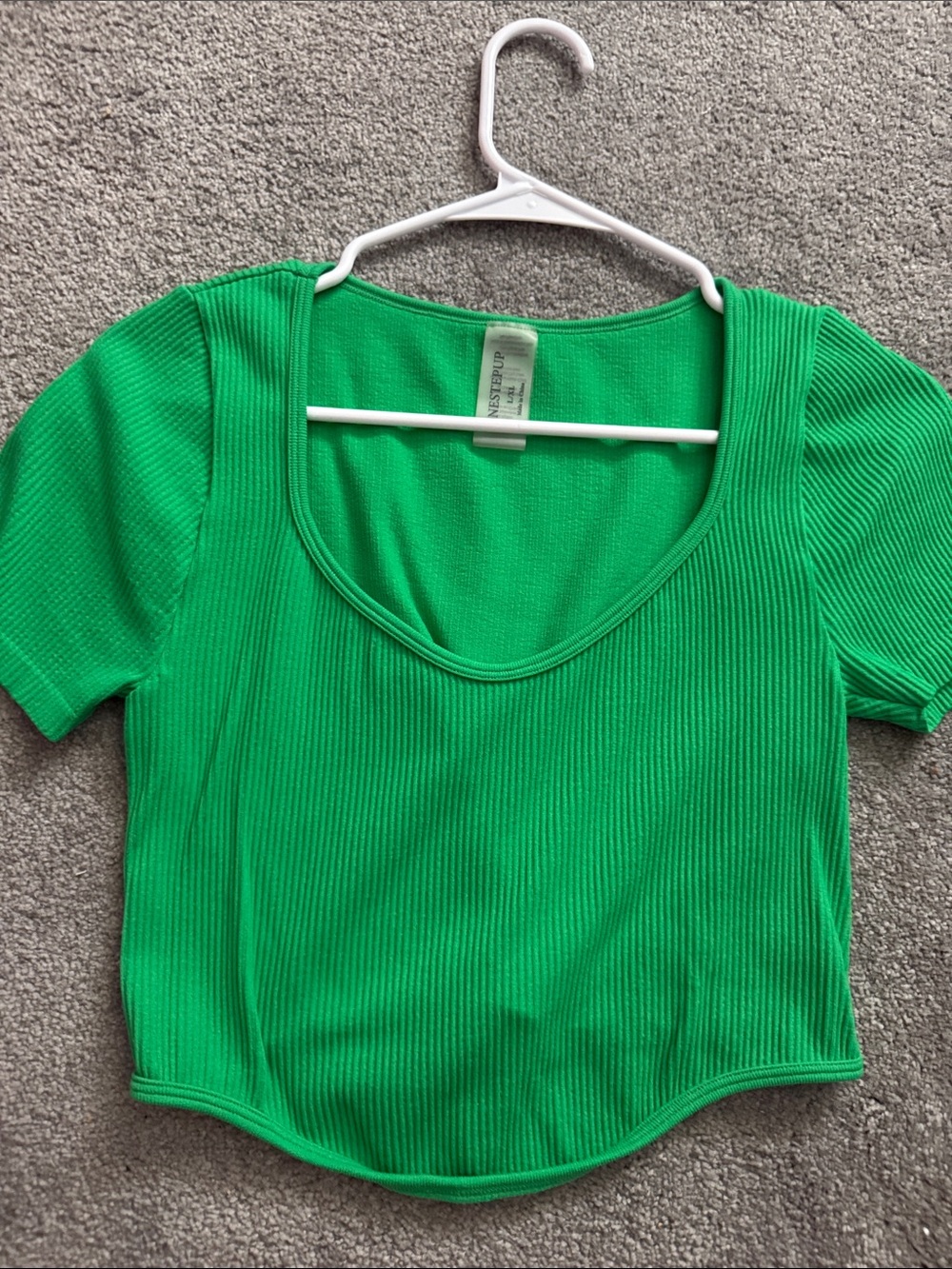 One Step Ahead Bright Green Ribbed Scoop Neck Crop Top